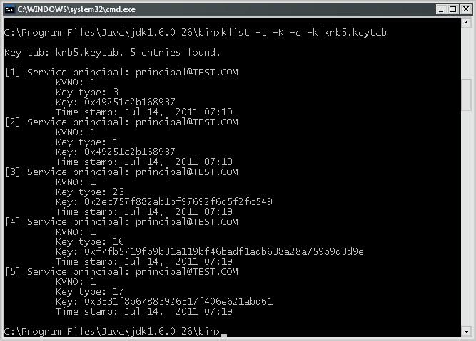 Listing keys in keytab file using klist.exe from Java JDK