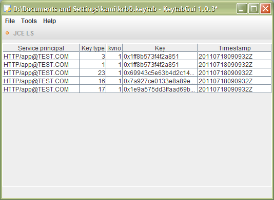 Listing keys in keytab file using KeytabGUI